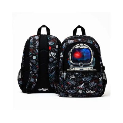 Black kids space backpack with astronaut helmet, rockets, and planets print